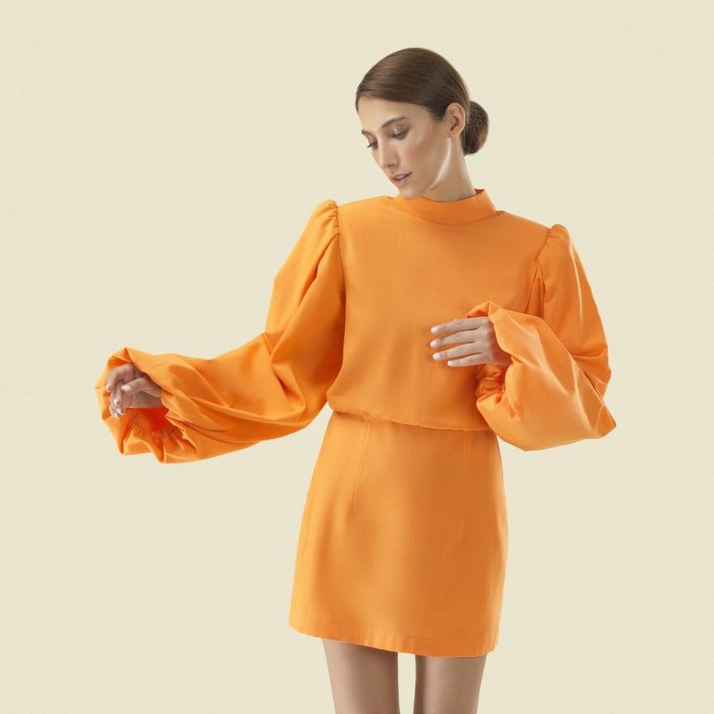 Elegant Orange Mini Dress with Balloon Sleeves